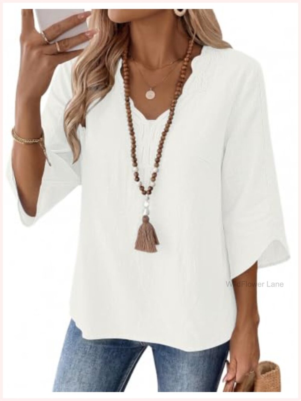 Linen Blend 3/4 Bell Sleeve V-Neck Lace Detail Tunic Top Boho Blouse